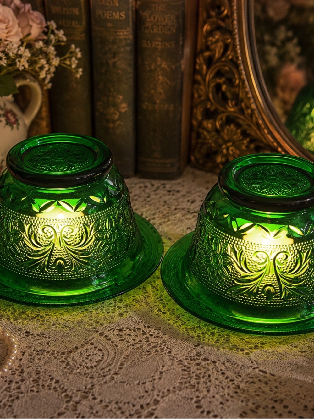 Pair Emerald Green Tiara Sandwich Glass Fairy Lamps